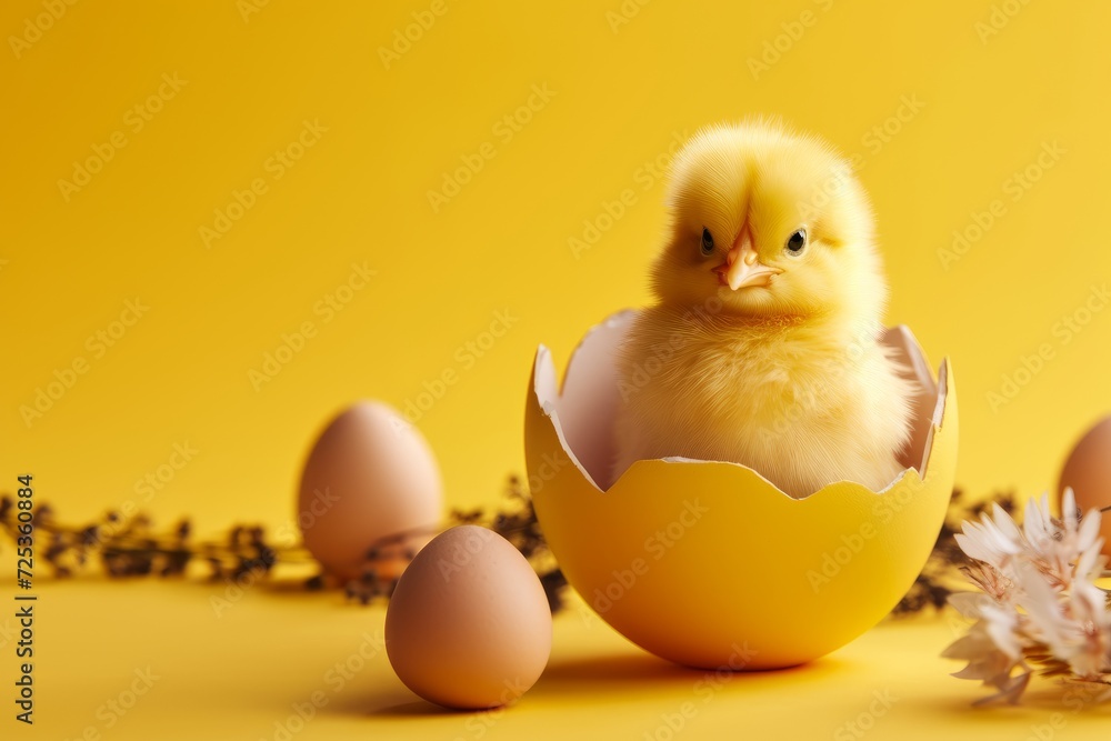 A chicken chick newly hatched from the egg looks to life for the first time. easter concept