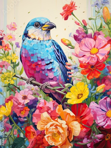 Floral and Bird Combinations: A Vibrant Acrylic Landscape teeming with Colorful Flowers and Exquisite Birds.