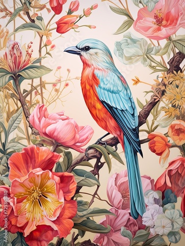 Coastal Birds and Seaside Flowers: Enchanting Floral and Avian Combination Art Print
