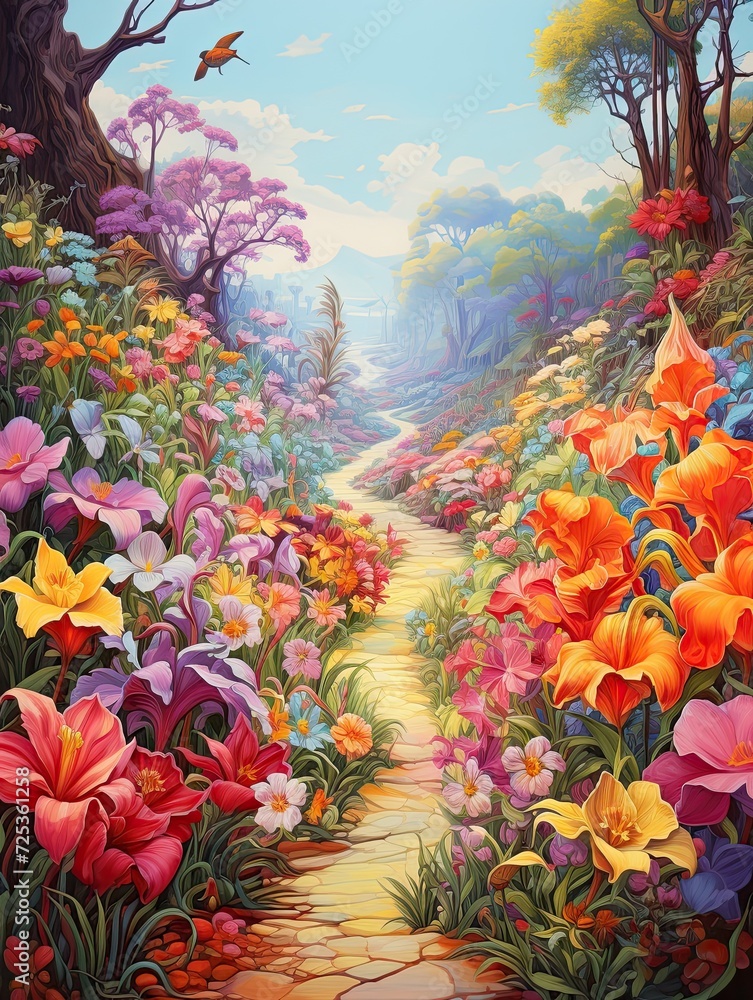 Floral and Bird Combinations: Pathway Painting with Flowers along Path, Birds Above