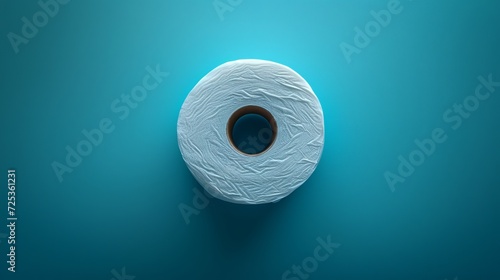 This is a top view of one roll of toilet paper against a blue background