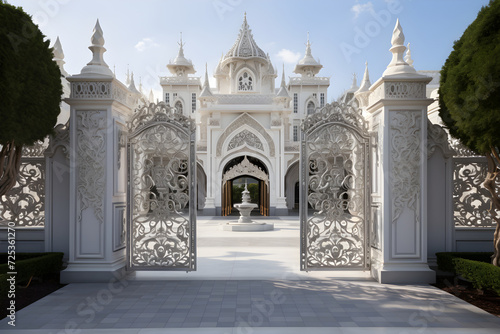 Grand Royal Palace Entrance - Embossed Steel Gate Supported By Stone Pillars with Manicured Bonsai Flanking © Franklin