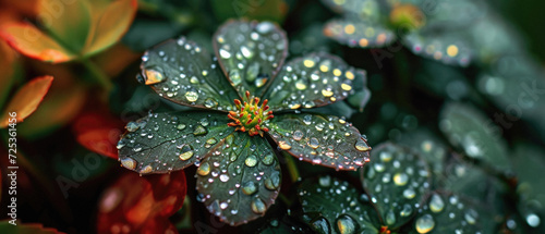 Raindrops on the leaves of a plant, close-up .