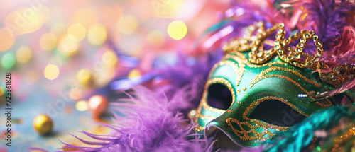 Mardi gras mask with feathers on bokeh background . photo