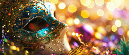 Venetian carnival mask with bokeh lights background . © Synthetica