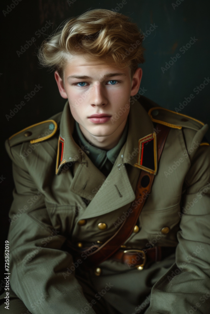 Portrait of a young blond teen boy wearing a green military outfit inspired by WWII german youth representing authoritarianism and dictatorship Portrait of a young blond teen boy wearing a green military outfit inspired by WWII german youth representing authoritarianism and dictatorship