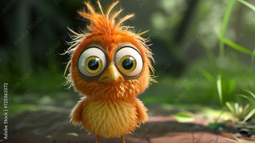 an artificial intelligence image of a cute bird who is disheveled and has big eyes