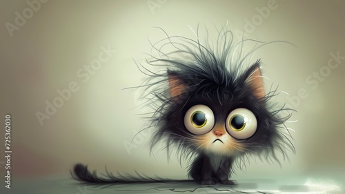 an artificial intelligence image of a cute cat who is disheveled and has big eyes