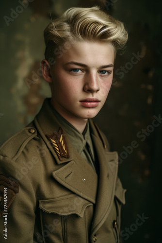 Portrait of a young blond teen boy wearing a green military outfit inspired by WWII german youth representing authoritarianism and dictatorship