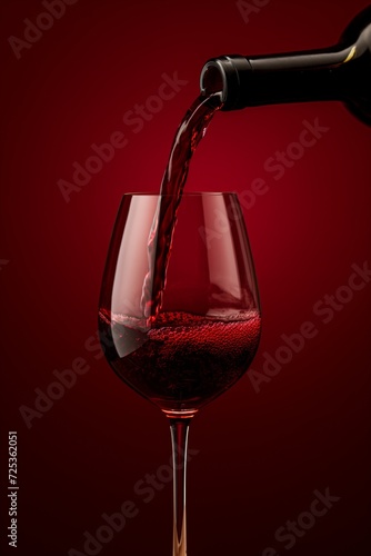 Red wine is poured from a bottle into a glass on a red background