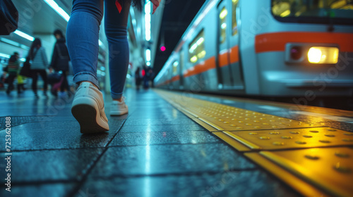 Commuter legs walking next to a suburban train, people taking public transportation between home and work