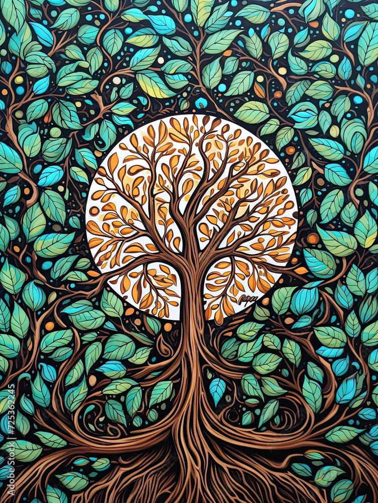 Hand-drawn Mandala Patterns: Enchanting Forest Wall Art Featuring Tree-Inspired Woodland Designs - Premium Art Print