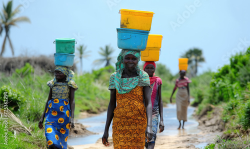 Women transport buckets of  water on their head in Tanzania interiors photo