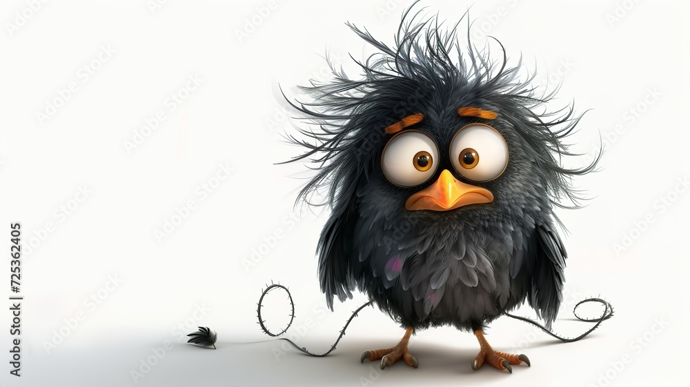 Fototapeta premium bird with messy hair, cute, big eyes, cartoon character, for storybook, --ar 16:9 --v 6 Job ID: 620910df-c355-4017-8e7e-218d9723bfd2