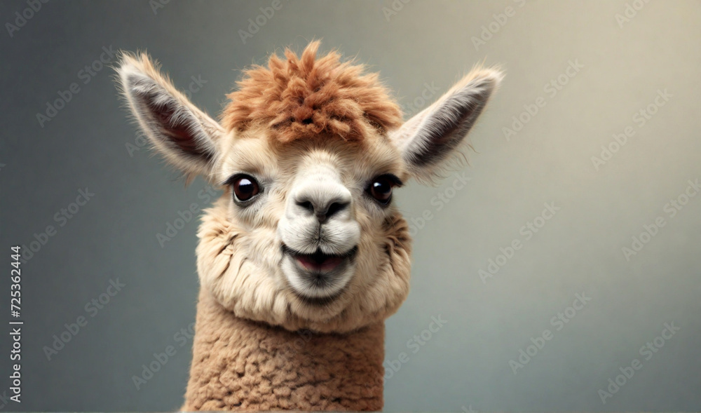 Funny alpaca llama, smiling, showing approving thumbs up to appreciate good work or product. Wide banner with copy space side. Generative AI
