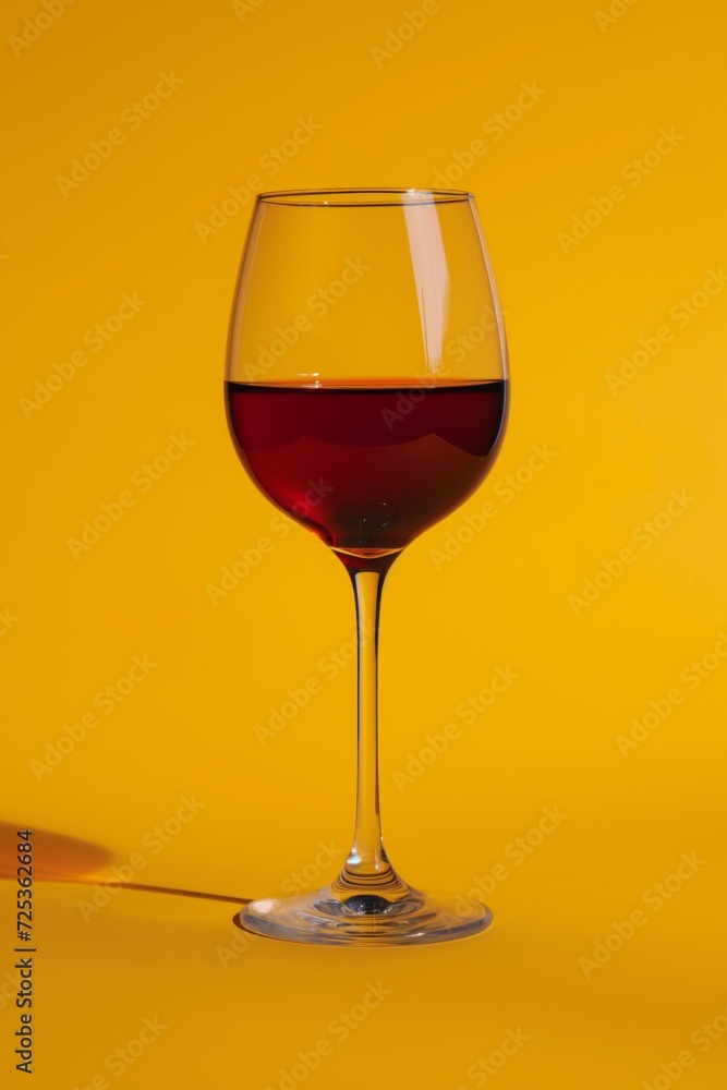 A single glass of red wine against yellow background