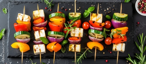 Healthy appetizers with vegetables, cheese, herbs on skewers. photo