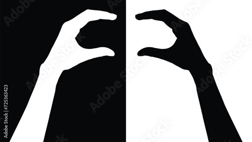 set of hand silhouettes isolated on white and black background, Vector collection of human hands of different gestures, hands gesturing black, Black hands silhouettes, vector illustration