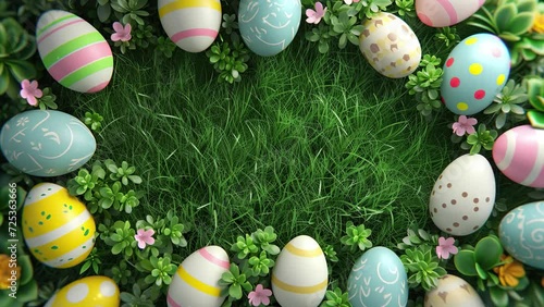 Happy Easter greeting background with Easter eggs. Colorful easter eggs background with copy space area for text. Frame background.