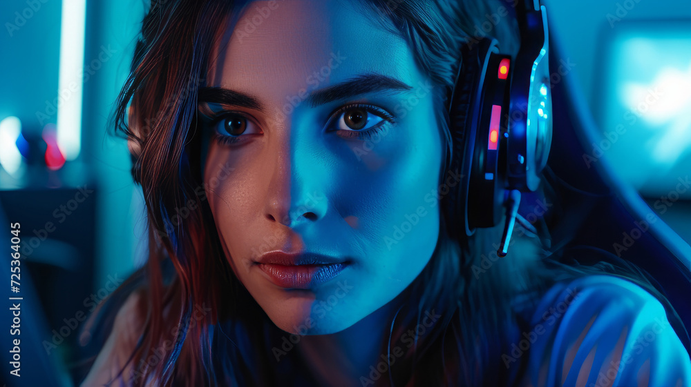 Girl in headphones looks at the monitor screen Girl in headphones looks at the monitor screen
