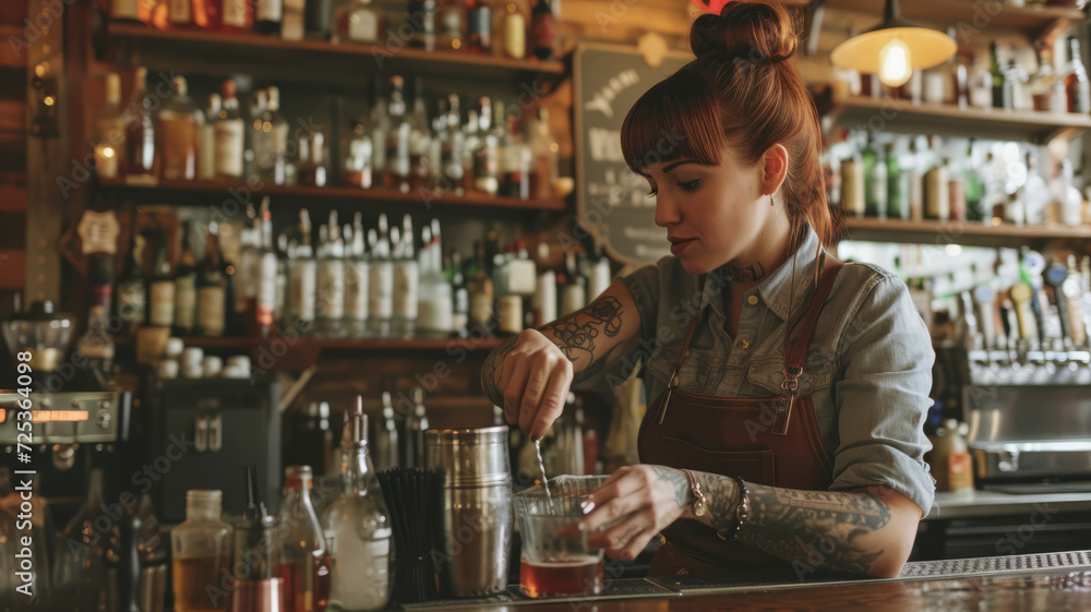 Young woman bar owner stands behind the counter