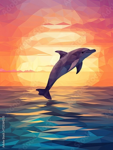 Modern Geometric Dolphin Seascape Art Print - Pixelated Animal Designs © Michael