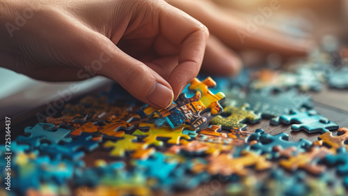 Hands delicately craft a vibrant puzzle in soft light on a comfy table. Serene focus brings out intricate details. The finished image embodies patience and accomplishment. photo