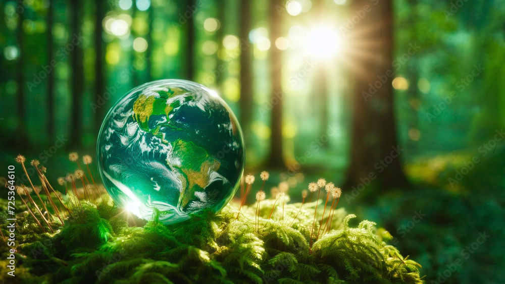 Globe in the forest. Conceptual image of environment conservation.