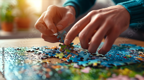 Close-up of hands folding a multi-colored puzzle