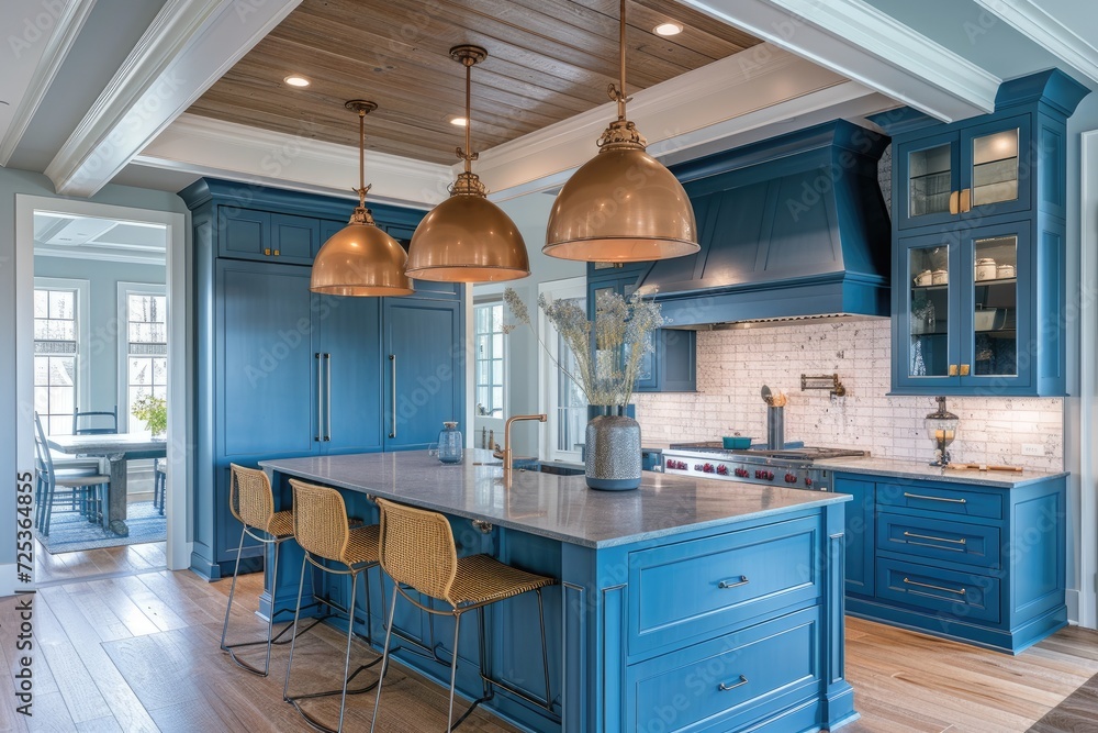Modern Farmhouse Blue Kitchen with Blue Cabinets and Island Stock Photo ...