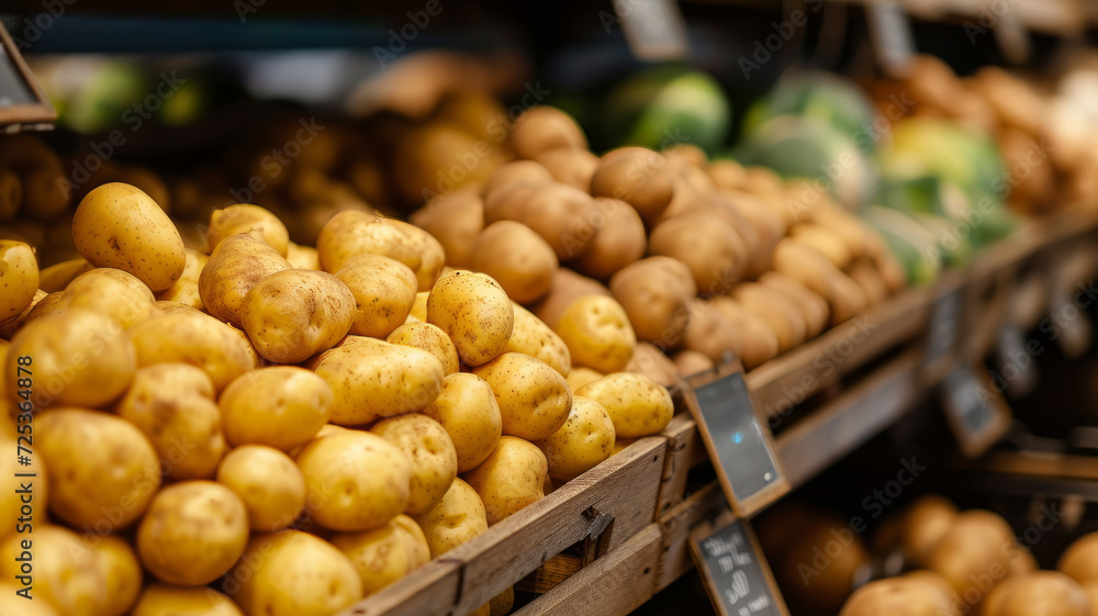 Various potatoes on a store counter
