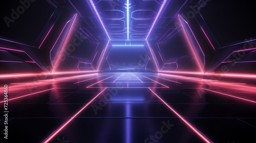 Vivid cyan and purple neon grids illuminate futuristic perspective floor - creative digital design for cyberpunk, virtual reality, and hi-tech concepts