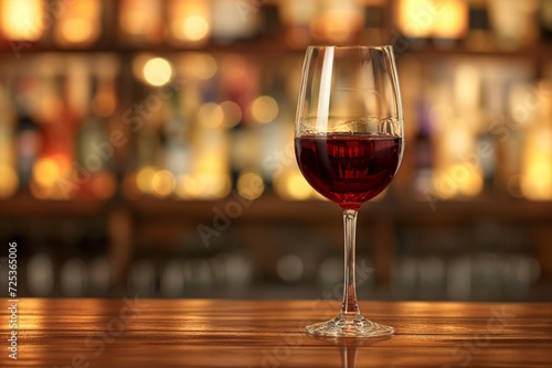 A single glass of red wine on a wooden bar counter against blurred background with space for text