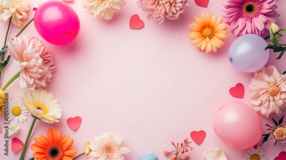 Valentine's Day background with balloons, a flower, and a blank area. Valentine’s Day concept. Flat lay, copy space