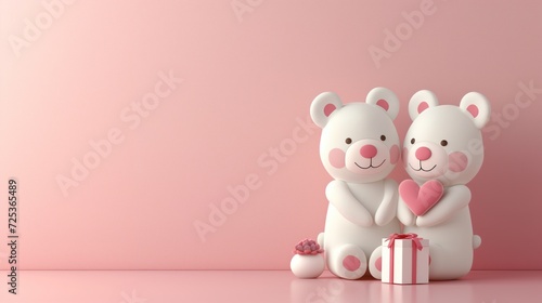 Valentine's Day background with two cute bears 3D, heart, and gift 3d, pink background. Valentine’s Day concept. Flat lay, copy space