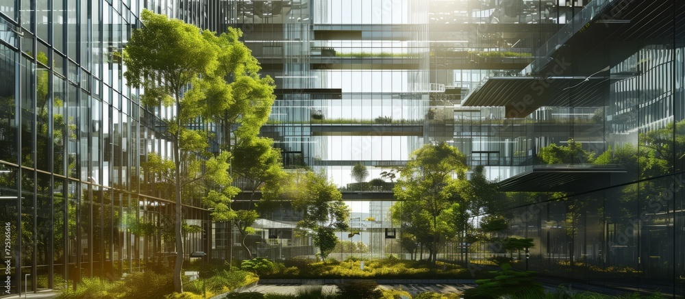 Contemporary business center with a glass facade, surrounded by greenery in an urban environment.
