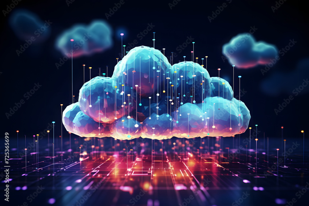 Digital data processing in the virtual cloud abstract background. Glowing digital cloud with pixels, lines, connectivity, and data flow in the virtual world. Cloud computing Background. Digital data processing in the virtual cloud abstract background. Glowing digital cloud with pixels, lines, connectivity, and data flow in the virtual world. Cloud computing Background.