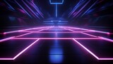 Vivid cyan and purple neon grids illuminate futuristic perspective floor - creative digital design for cyberpunk, virtual reality, and hi-tech concepts