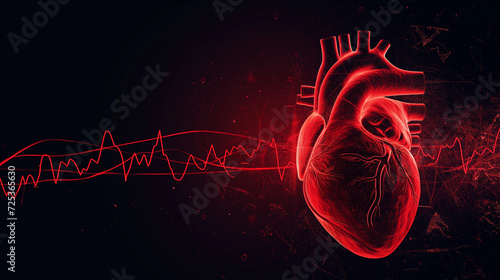 Abstract human heart shape with red cardio pulse line. Creative stylized red heart cardiogram with human heart on black background. Health, cardiology, cardiovascular diseases concept. #725365630