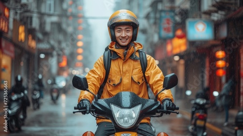 Chinese fast food deliveryman  motorcycle rider with yellow clothing  smiling and looking to the camera in the the street