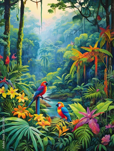 Rainforest Animal Illustrations: Acrylic Landscape Art in Vibrant Rainforests