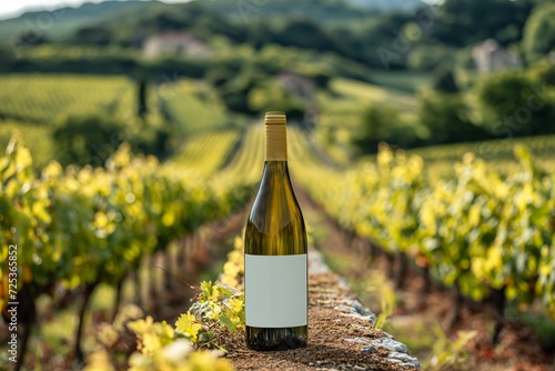 A bottle of white wine standing on the ground against the background of a vineyard in sunlight