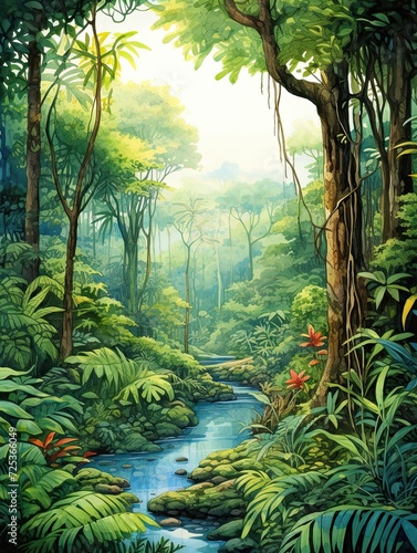 Rainforest Animal Illustrations: Vibrant Watercolor Landscape with Lush Greenery