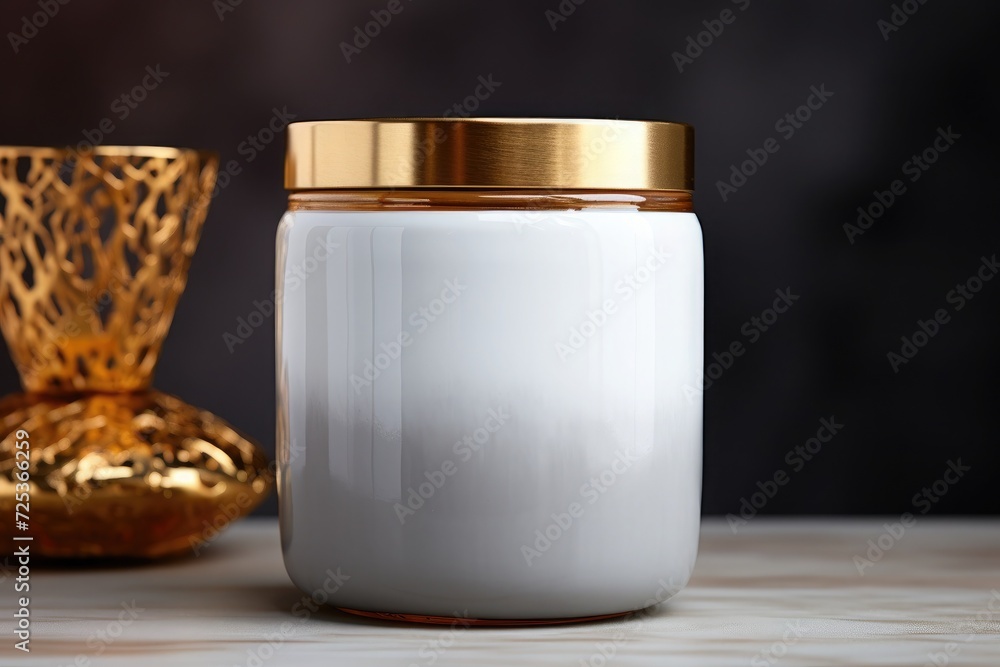 A jar made of white ceramic with a gold lid placed on a neutral gray background A jar made of white ceramic with a gold lid placed on a neutral gray background