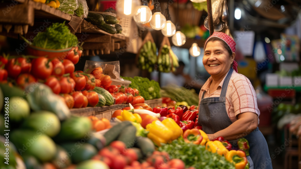 A kind woman sells vegetables at the local market.