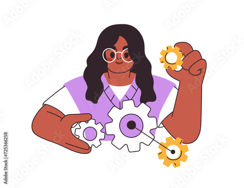 Student with cogwheels, gears in hands. Girl learner studying, learning cog wheels system, technology, engineering. Education concept. Flat graphic vector illustration isolated on white background
