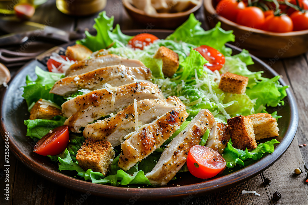 Photo caesar salad with chicken fillet tomatoes Photo caesar salad with chicken fillet tomatoes