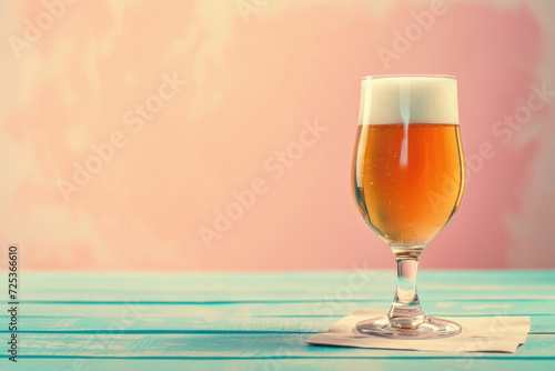 Glass pint of cold draft light lager or dark ale brewed beer with foam on table background. Brewery or pub bar advertising. Oktoberfest festival alcohol beverage or Saint Patricks day drink concept .