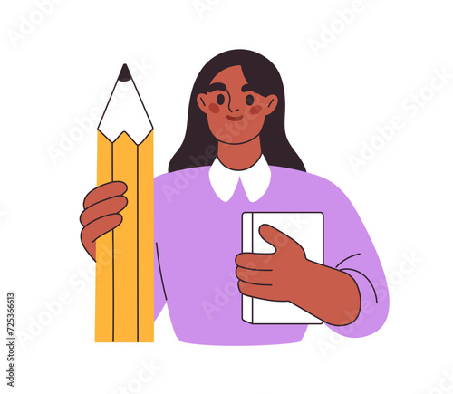 Student holding book and pencil. Girl learner with grammar textbook, workbook...