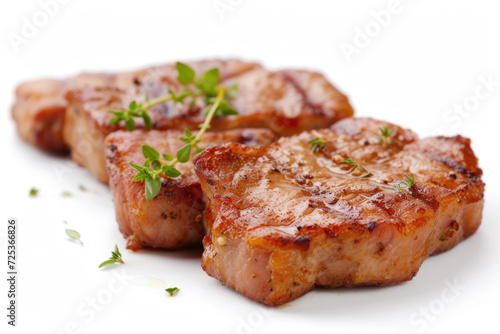 Succulent fried pork medallions, perfectly seared and isolated on a white background
